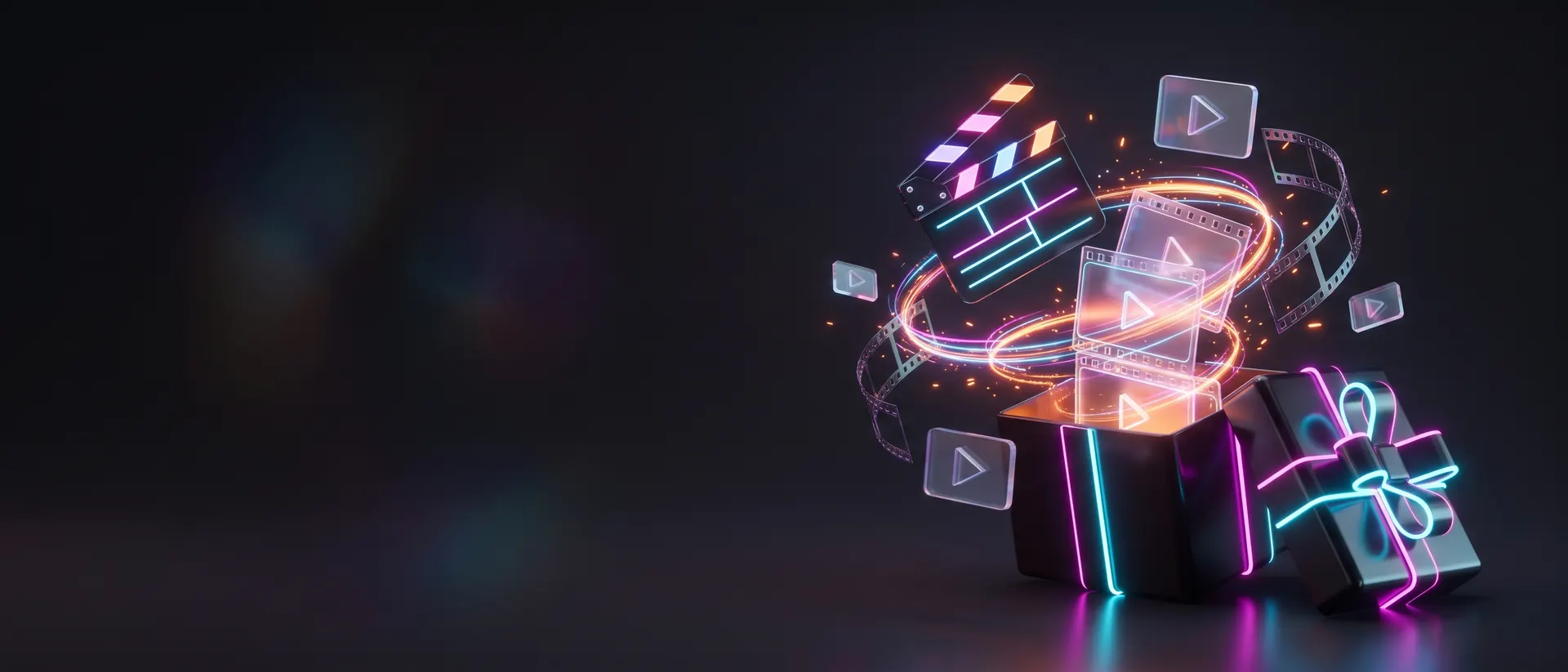 Black Friday VidFlux: caixa de presente neon liberando quadros de vídeo brilhantes