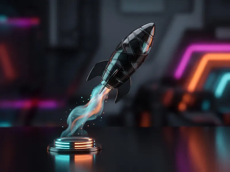 Foguete feito de filme decolando de uma base iluminada