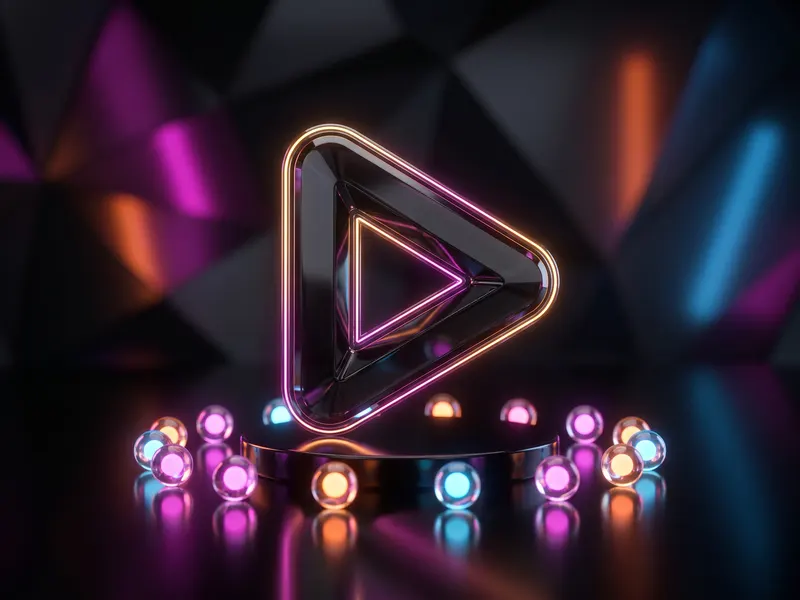 Troféu em forma de botão play cercado por doze esferas de luz, uma para cada mês